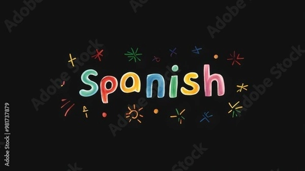 Fototapeta Word or title of "Spanish" lettering drawn with colorfull chalk on black background, idea for school learning process