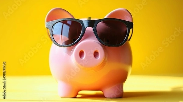 Obraz Pink Piggy Bank Wearing Sunglasses on Yellow Background