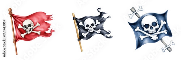 Fototapeta A collection of vibrant pirate flags featuring skull and crossbones symbols, perfect for themed designs or illustrations.
