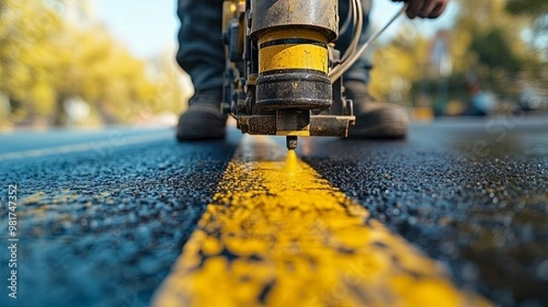 Fototapeta Close-up of a Worker Painting a Yellow Line on Asphalt