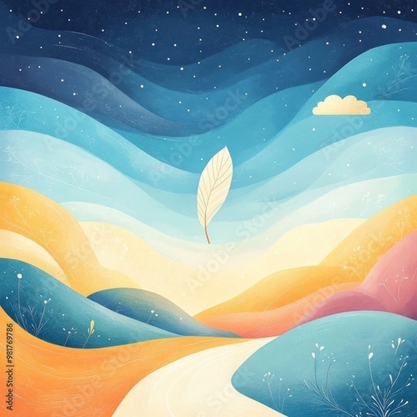 Fototapeta A dreamy landscape with a floating feather against a backdrop of starry skies and soft, flowing hills. Suitable for children's books and relaxation illustrations.