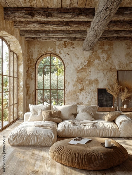 Fototapeta Rustic living room with exposed beams and a large, comfy sectional sofa.