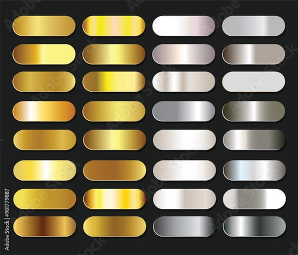 Fototapeta Gold and silver foil texture gradation background set. Vector shiny and metalic gradient collection for border, frame, ribbon, label design