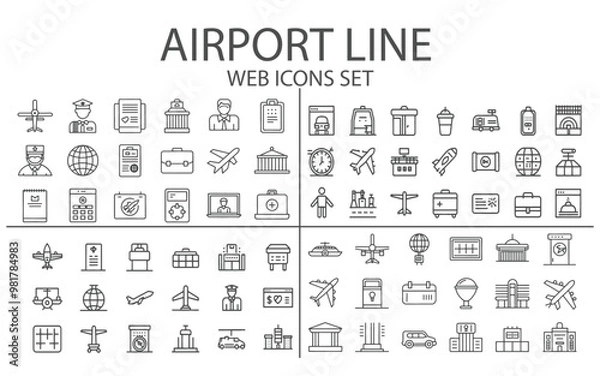 Fototapeta Airport stroke outline black and white web icons set. isolated on white Background