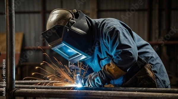 Obraz Welder working on a metal frame with protect