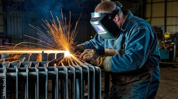 Obraz Welder working on a metal frame with protect