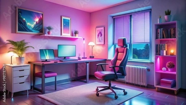 Fototapeta In a whimsical space, a hot pink desk and teal accents reign supreme, anchored by a plush gaming