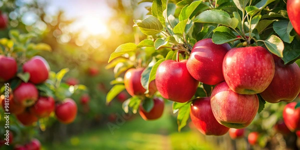 Fototapeta Lifestyle photo of ripe red apples on tree in orchard ready to be harvested , Apples, Tree, Orchard, Harvest, Ripe, Fruits