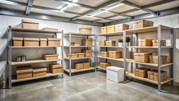 Fototapeta Simple basement room with shelves and boxes used for storing household items, basement, storage, shelves, organization, clutter, boxes