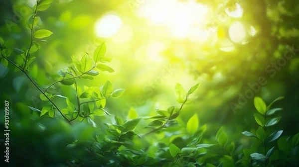 Fototapeta 31. A lush summer forest bathed in morning sunlight, with sun rays piercing through the fresh green foliage and branches, leaves gently waving in the wind, creating a beautiful bokeh background