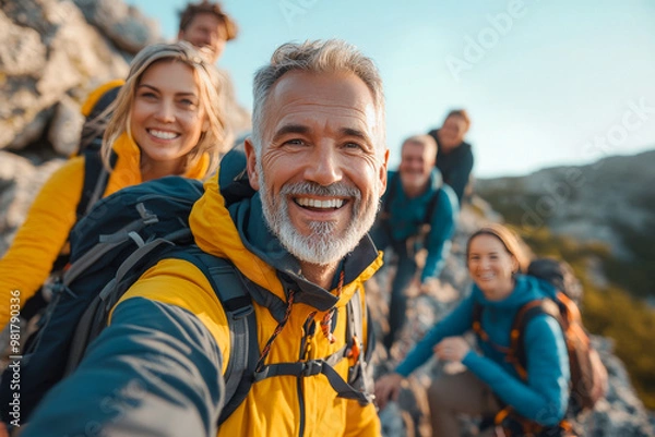 Fototapeta This image shows a lively group ascending rocky trails in bright skies, illustrating teamwork's joy and a vibrant sense of adventure, with a senior lead.