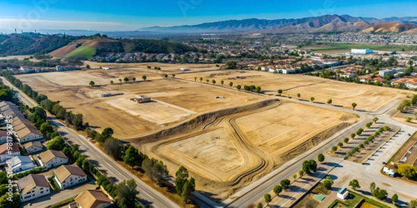 Fototapeta Aerial view of graded dirt lots ready for new tract home construction in Los Angeles County California , aerial