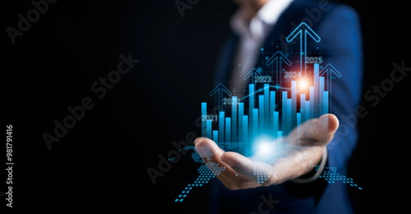 Fototapeta Businesswomen show to arrow up virtual to forecast and analyze the stock market and economic with virtual chart,  trend upside business market growth, investments and financial concept.