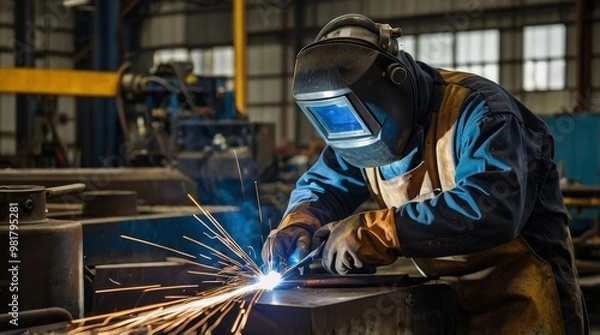 Obraz Welder welding metal in factory