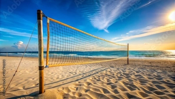 Fototapeta Set against a backdrop of a bright blue sky, a beach volleyball net stretches across soft sand, with