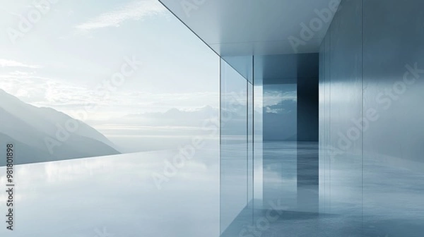Fototapeta A Modern Building's Expansive View of Distant Mountains