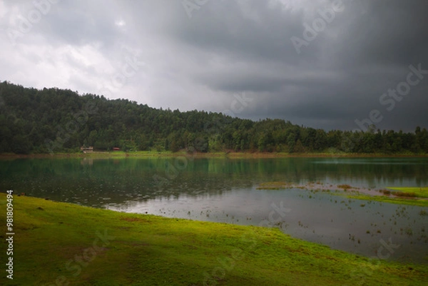 Obraz Rainy afternoon by the volcanic lagoon. Laguna Larga. Los azufres.