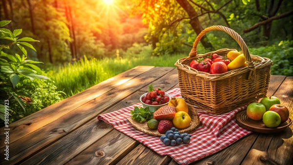 Fototapeta Forest picnic scene with wooden table, wicker basket filled with fresh fruit, top-down view, natural lighting
