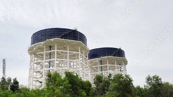 Fototapeta Elevated water tanks surrounded by greenery under a cloudy sky