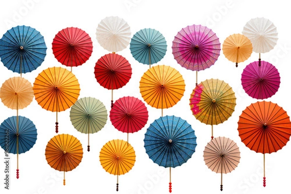 Fototapeta A colorful array of rain umbrellas in various sizes and patterns arranged in a fan shape, highlighting diversity in design isolated on white background