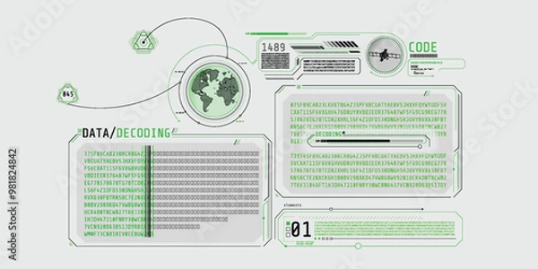 Fototapeta Futuristic HUD design of satellite data decoding program.