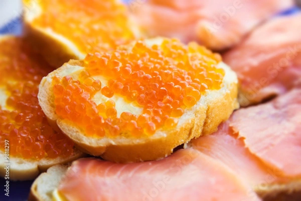 Fototapeta Caviare sandwich and salmon. Shallow dof.
