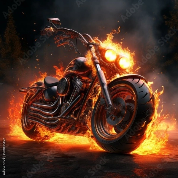 Fototapeta motorcycle located in a burning flame Created with Generative AI technology.