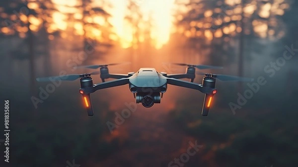 Fototapeta A drone flying through a misty forest at sunset.