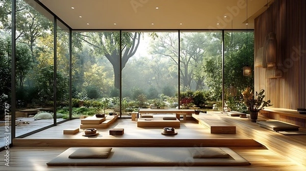 Fototapeta Interior of a minimalist zen coffee shop, with simple wooden tables, light colors, and open, airy spaces. Large windows flood the room with natural light, creating a calm,