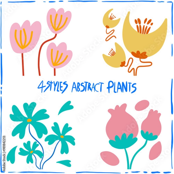 Obraz 4 styles abstract plants using vibrant, warm tones.