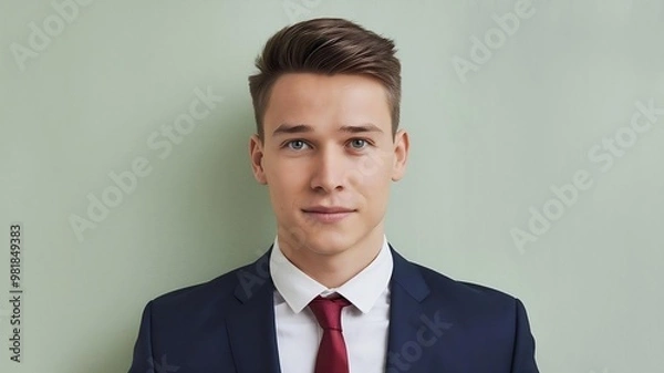 Fototapeta A young man standing against a light green background, isolated with ample copy space.