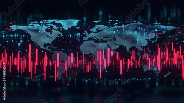 Fototapeta Red candlesticks crashing downward on a stock chart, displayed over a world map with glowing lines connecting key financial cities, representing global market turbulence, soft lighting,