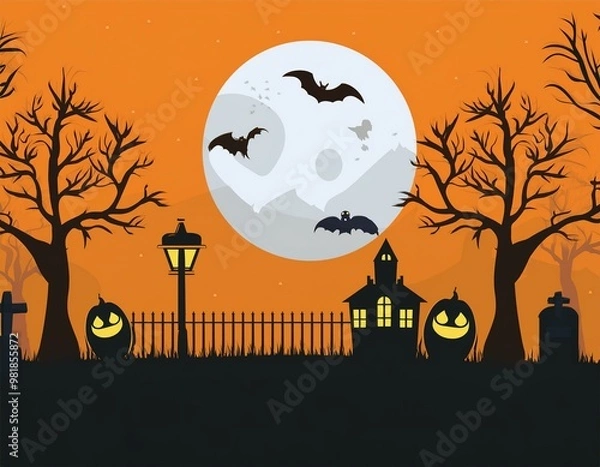 Fototapeta Happy Halloween banner. background with haunted house bats. 