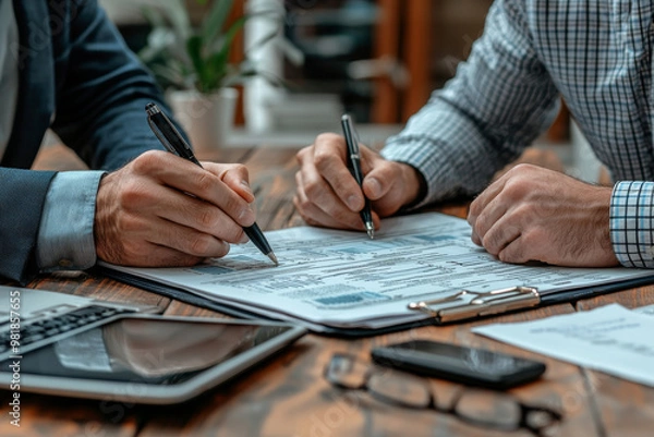 Fototapeta Two men review a document together.