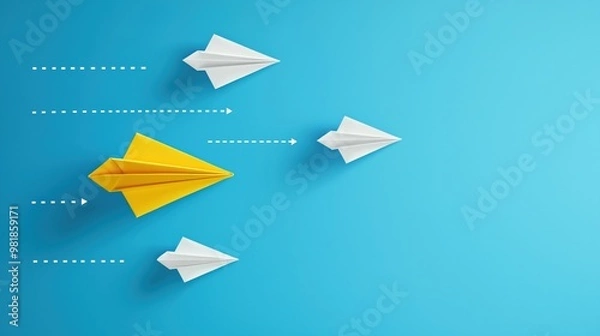 Fototapeta Yellow paper rocket flying with white rockets on a blue background