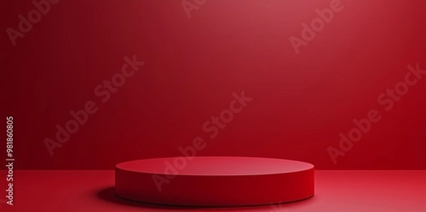 Obraz 3D render of a red podium with a round platform in the center, designed as an empty space mockup for product presentation. The vibrant red background adds a striking contrast to the minimalistic scene