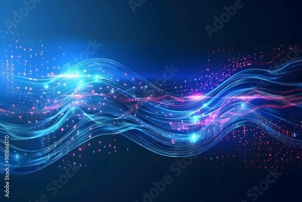 Obraz Energy of wave particle. Light waves futuristic background. Visual illustration of big data. Space waves. Concept of AI technology, communication, science research.
