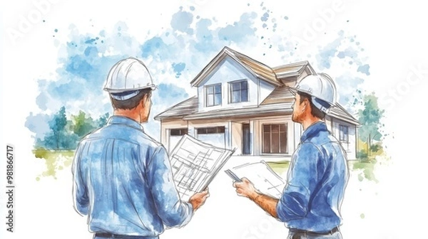 Obraz Architects Discussing House Plans Watercolor Illustration