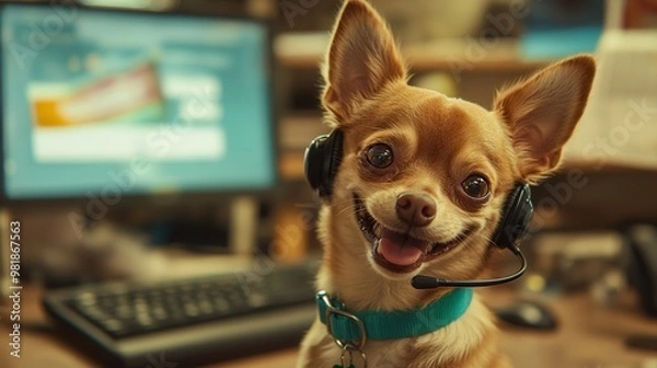 Fototapeta A cheerful dog wearing a headset in an office setting, showcasing the playful side of remote work and pet companionship.