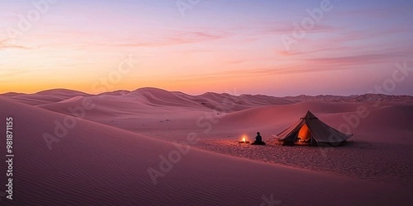 Fototapeta Peaceful Desert Sunset with Camping Tents in Tranquil Wilderness Landscape