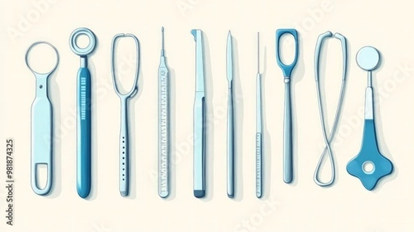 Obraz A set of surgical instruments, illustrated with a clean, professional style on a light, minimal background, with soft shadows.