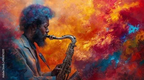 Obraz Jazz musician playing the saxophone with vibrant colorful smoke surrounding him, creating a dynamic and artistic atmosphere, perfect for music and creativity concepts