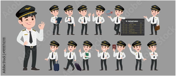 Fototapeta Airline pilot with different poses. vector