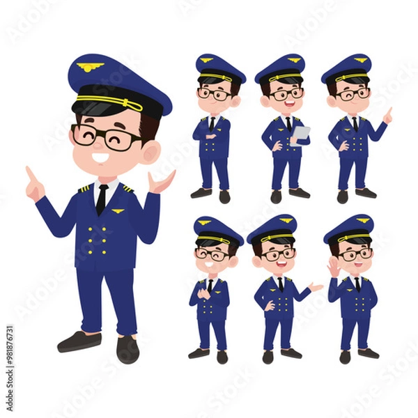 Fototapeta Airline pilot with different poses. vector