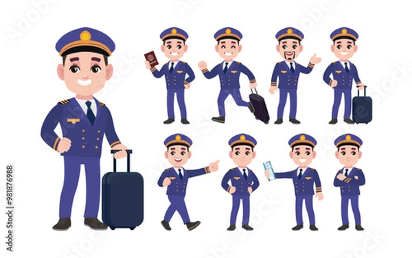 Fototapeta Airline pilot with different poses. vector