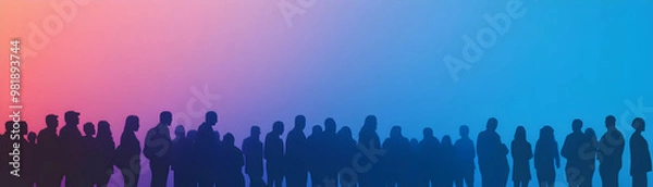 Fototapeta Plain Gradient Background: Silhouetted Voters in Voting Poses - Soft Blue to Dark Blue with Black Silhouettes for Election Day Promotion