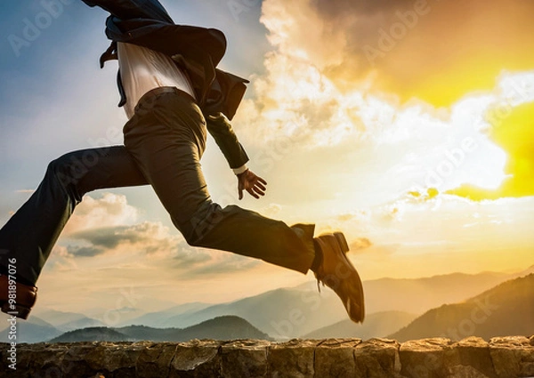 Obraz ジャンプするビジネスマンと夜明けのイメージ