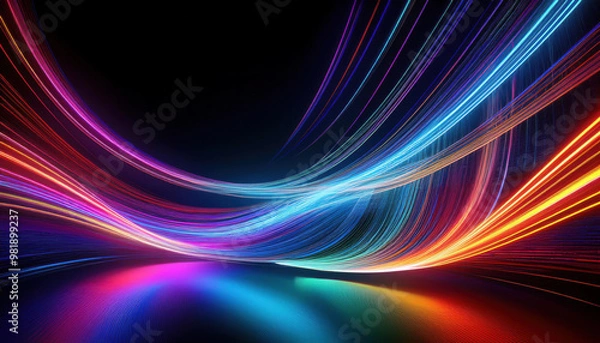 Fototapeta Wave of colorful light line trails of blue, red, green, purple and orange in pitch black background for technology, futuristic, abstract concept