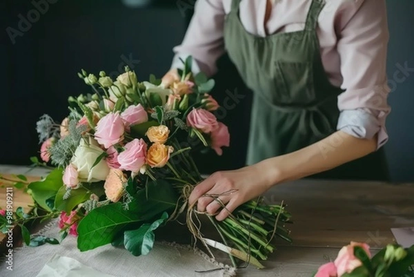 Fototapeta A florist is carefully arranging a beautiful bouquet of pink and white roses, creating a stunning floral arrangement for a special occasion.