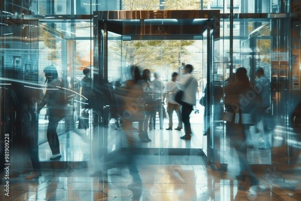 Fototapeta A blurry image of people in motion passing through a glass door into a city street. The image is dynamic and captures the movement of urban life